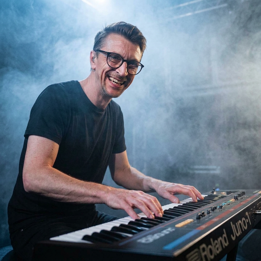 Portræt af Anders Rasmussen, keyboardspiller i Thomas & Talenterne